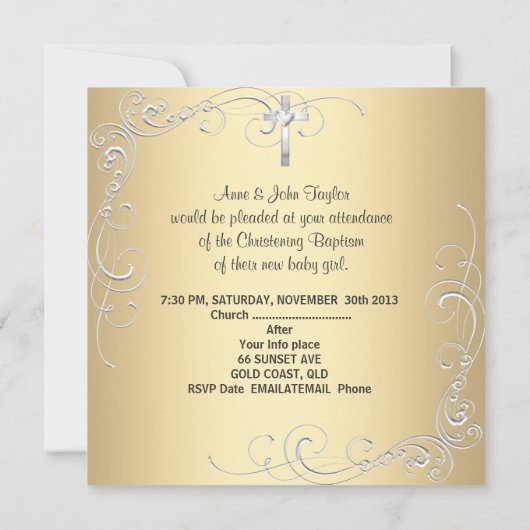Invitation Garçon Bébé Fille Or Crème Baptême Baptême Croix (Dos)