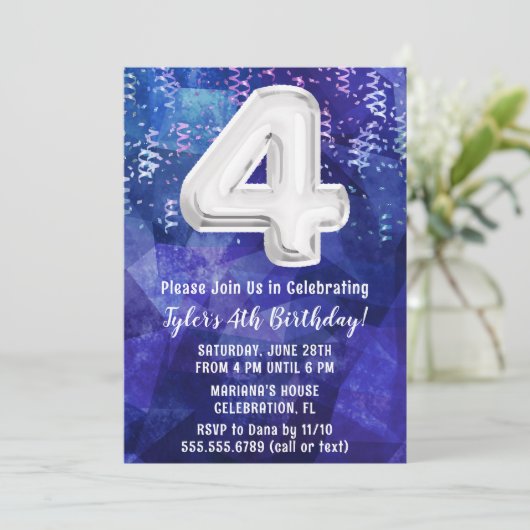 Invitation Garçon bleu blanc 4e anniversaire (Debout devant)