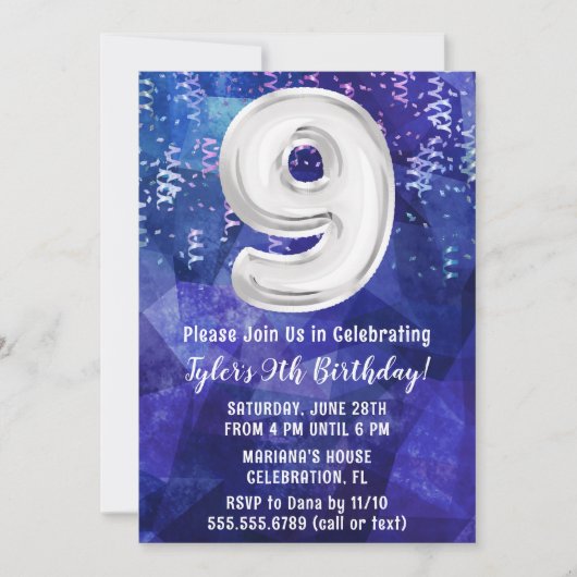 Invitation Garçon bleu blanc 9e anniversaire (Devant)