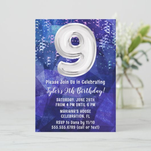 Invitation Garçon bleu blanc 9e anniversaire (Debout devant)