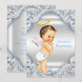 Invitation Garçon Bleu Blanc Ange Garçon Bébé Baptême (Devant / Derrière)