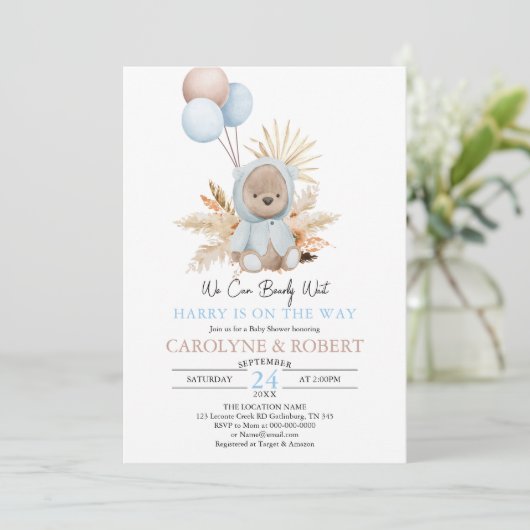 Invitation Garçon Bleu Boho Teddy Bear Bearly Wait Baby Showe (Debout devant)