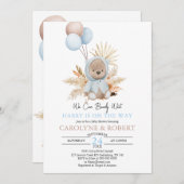 Invitation Garçon Bleu Boho Teddy Bear Bearly Wait Baby Showe (Devant / Derrière)