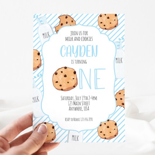 Invitation Garçon bleu lait et biscuits pour un premier anniv