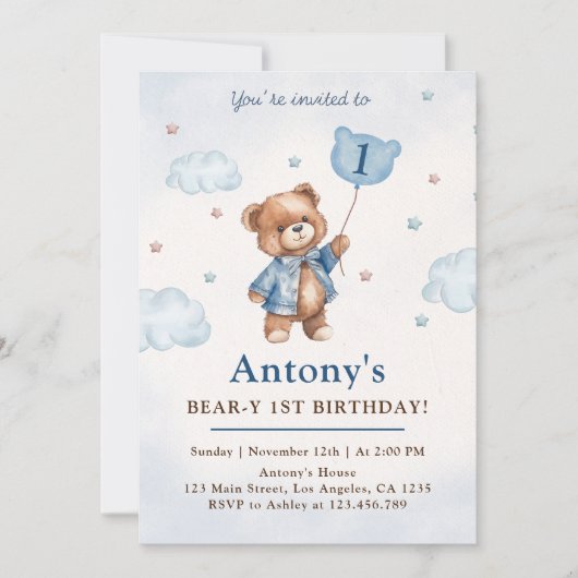 Invitation Garçon bleu ours en peluche ballons premier annive (Devant)