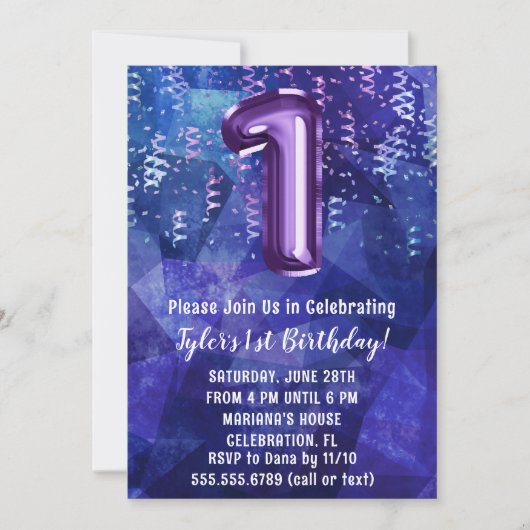 Invitation Garçon bleu pourpre 1er anniversaire (Devant)