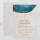 Invitation Garçon bleu Première Communion Géode Marbre Croix (Devant / Derrière)