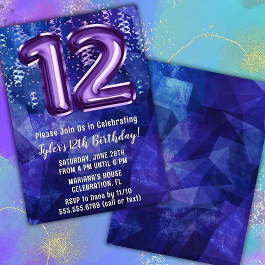 Invitation Garçon bleu violet 12e anniversaire
