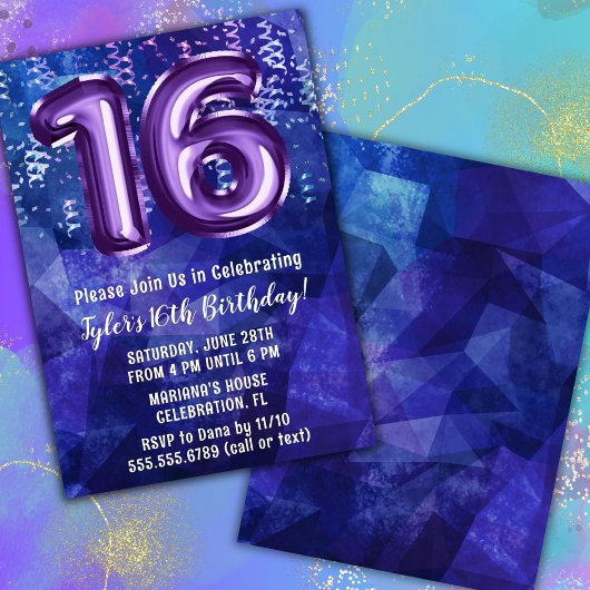 Invitation Garçon Bleu Violet 16e Anniversaire