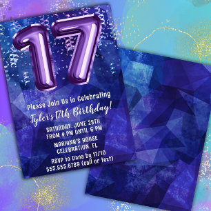 Invitation Garçon Bleu Violet 17e Anniversaire