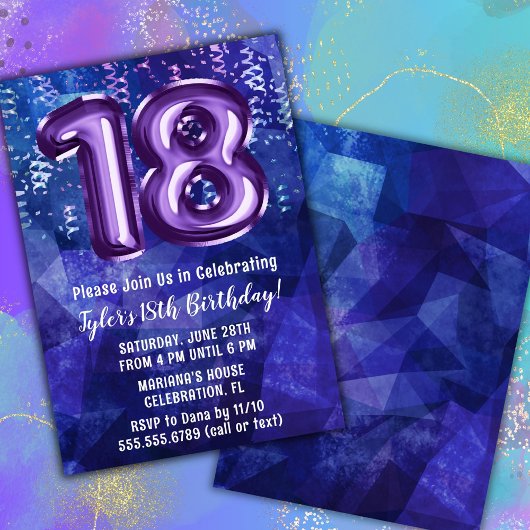 Invitation Garçon Bleu Violet 18e Anniversaire