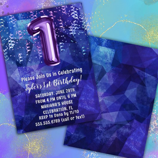 Invitation Garçon Bleu Violet 1er Anniversaire