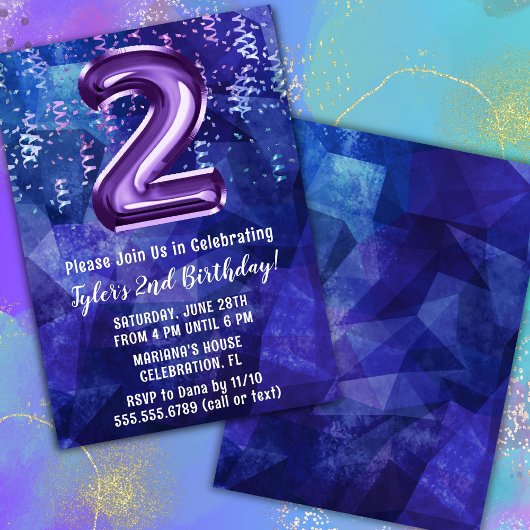Invitation Garçon Bleu Violet 2e Anniversaire