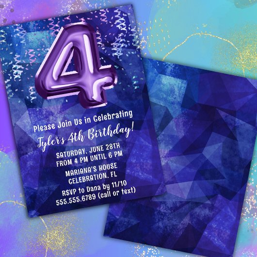 Invitation Garçon Bleu Violet 4ème Anniversaire