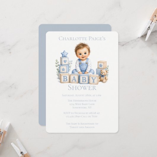 Invitation Garçon bloque la baby shower (Devant/Arrière en situation)