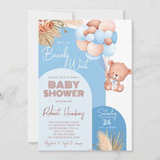 Invitation Garçon Boho Arche Teddy Bear Bearly Wait Baby Show (Devant)