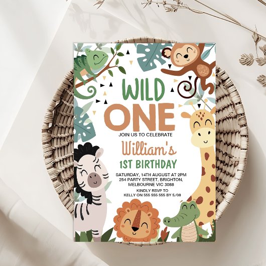 Invitation Garçon Brown Green Safari Wild One 1er anniversair