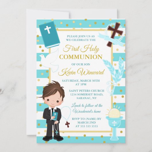 Invitation Garçon brunette à rayure bleue Première communion (Devant)