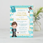 Invitation Garçon brunette à rayure bleue Première communion (Debout devant)