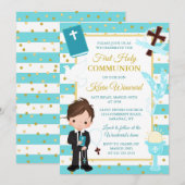 Invitation Garçon brunette à rayure bleue Première communion (Devant / Derrière)