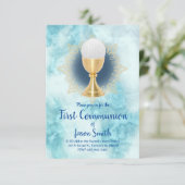Invitation garçon catholique Première communion marbre bleu (Debout devant)