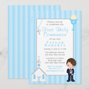Invitation Garçon Cheveux Bruns Rayures Bleues Pre