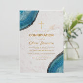Invitation Garçon Confirmation Bleu Géode Agate Croix Or (Debout devant)