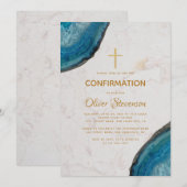 Invitation Garçon Confirmation Bleu Géode Agate Croix Or (Devant / Derrière)