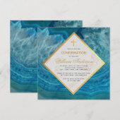 Invitation Garçon Confirmation Bleu Geode Marbre Croix Fausse (Devant / Derrière)