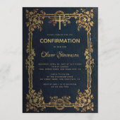 Invitation Garçon Confirmation Bleu Or Feuilles & Croix Vinta (Devant)
