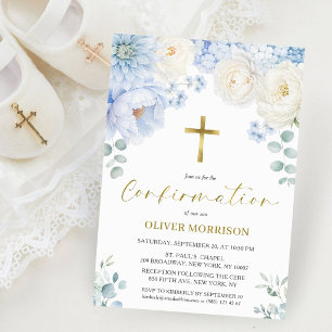 Invitation Garçon Confirmation Bleu Poussiéreux Floral Or Élé