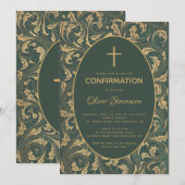 Invitation Garçon Confirmation Croix Chardon Or Élégant Vert (Devant / Derrière)
