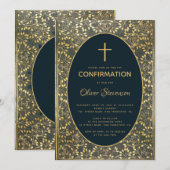 Invitation Garçon Confirmation Or Feuilles Croix Élégante Ble (Devant / Derrière)