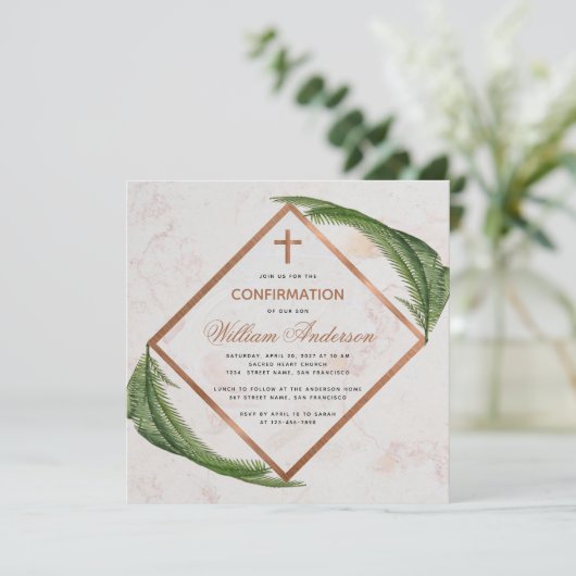 Invitation Garçon Confirmation Verdure Cuivre Fer Croix Marbr (Debout devant)