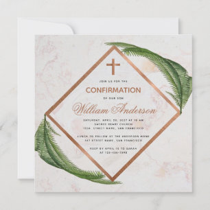 Invitation Garçon Confirmation Verdure Cuivre Fer Croix Marbr
