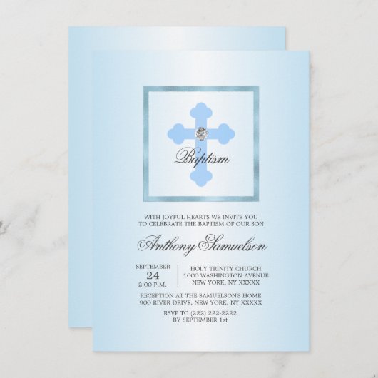 Invitation GARÇON croisé bleu fait sur commande de baptême de (Devant / Derrière)