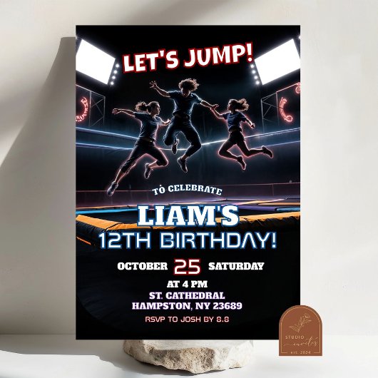 Invitation Garçon d'anniversaire au parc de trampoline Neon