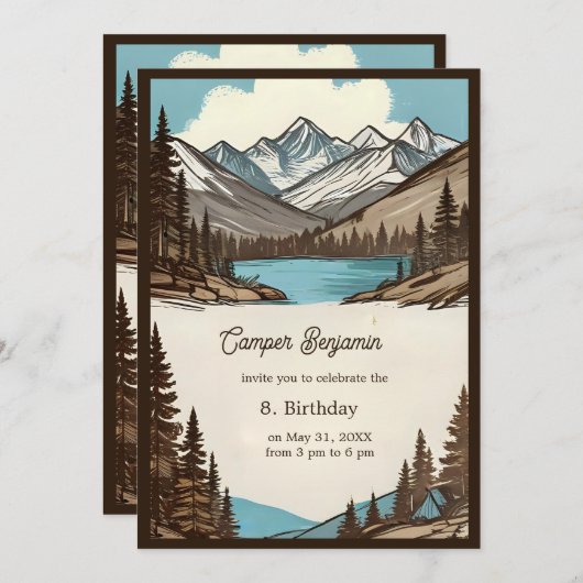 Invitation garçon d'anniversaire de camping rétro (Devant / Derrière)