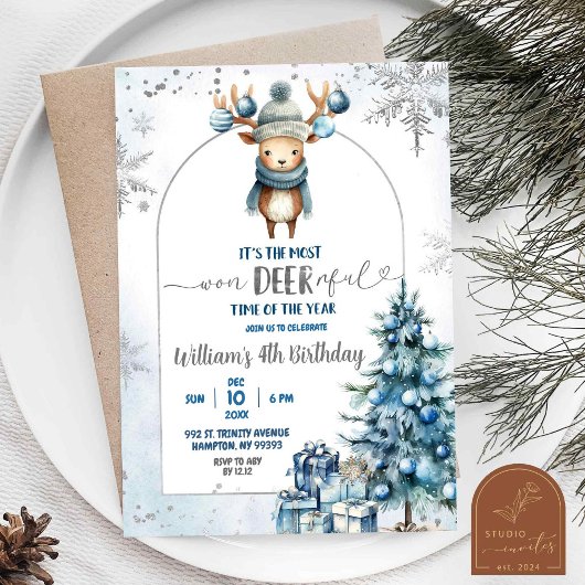 Invitation Garçon d'anniversaire de Noël renne enneigé