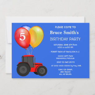 Invitation Garçon d'anniversaire Tracteur rouge et Ballons 