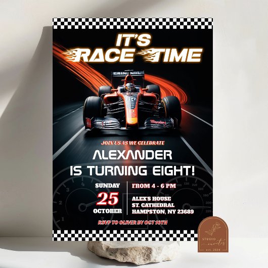 Invitation Garçon d'anniversaire voiture de course rouge F1