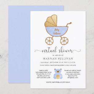 Invitation Garçon de Baby shower virtuel   Retro Carriage Blu