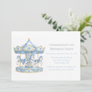 Invitation Garçon de carrousel aquarelle bleue 1er anniversai