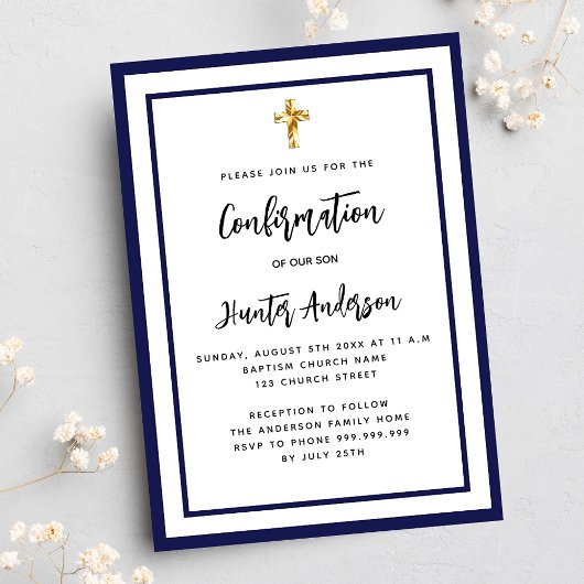 Invitation Garçon de confirmation bleu marine blanc