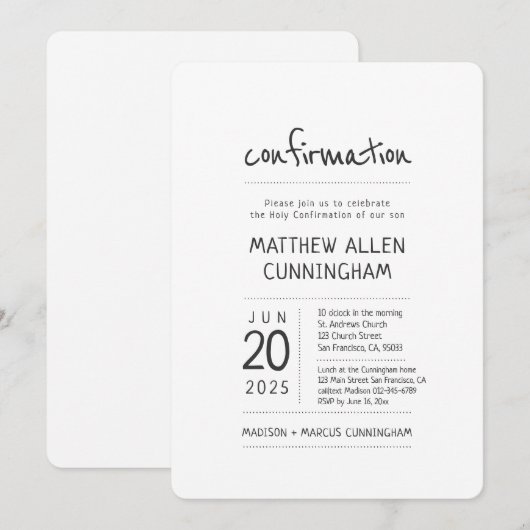 Invitation Garçon de confirmation| Moderne + Simple (Devant / Derrière)