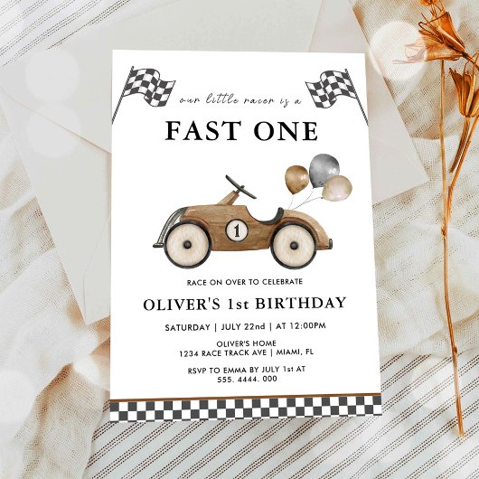 Invitation Garçon de course marron rapide un 1er anniversaire