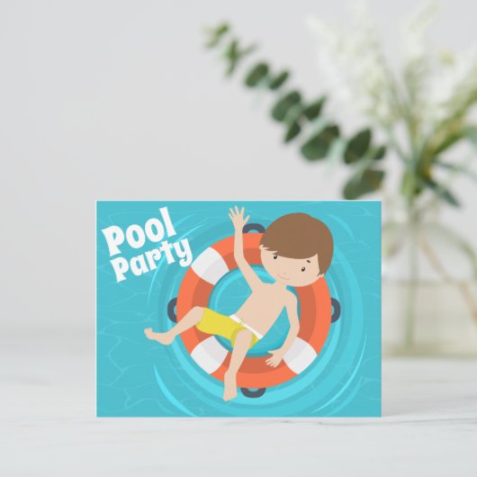 Invitation garçon de fête d'anniversaire piscine (Debout devant)