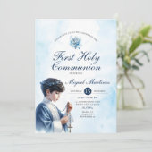 Invitation Garçon de la 1ère communion bleue priant Croix d'a (Debout devant)
