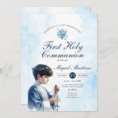 Invitation Garçon de la 1ère communion bleue priant Croix d'a (Devant / Derrière)