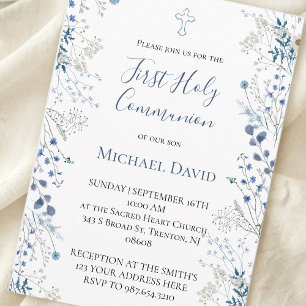 Invitation garçon de première communion aquarelle bleu verdur